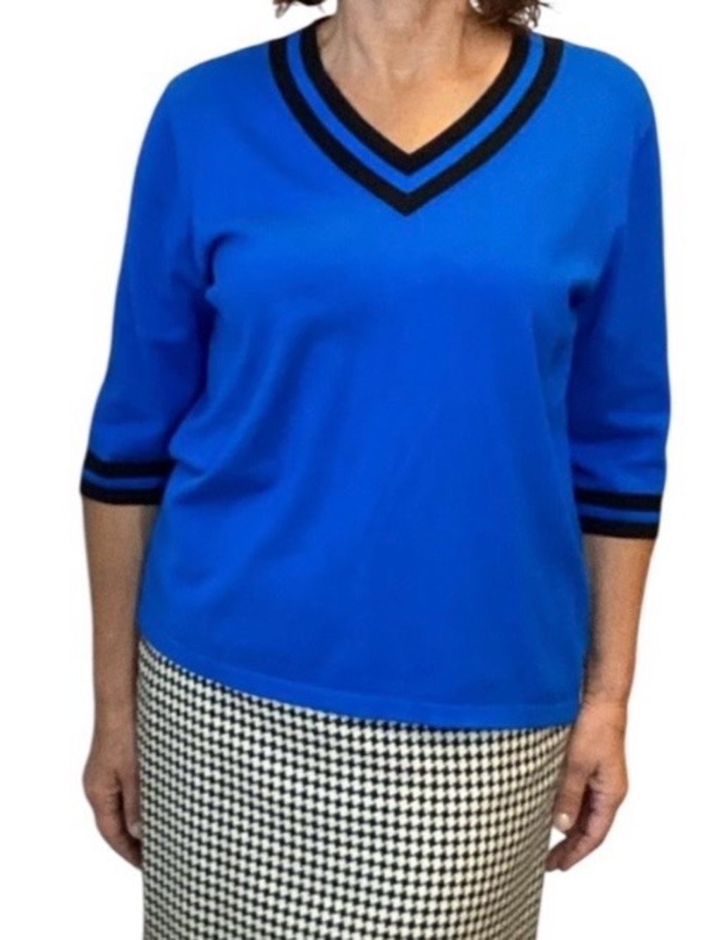 Cashmere Cotton Blend V-neck Blue Women’s Sweater with Contrasting Stripe Size M